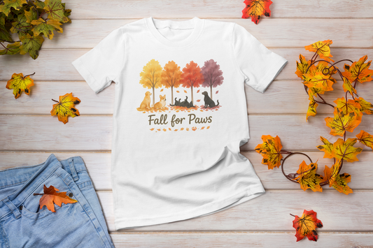 Fall for Paws T-Shirt, Cute Animal Fall Tee, Pet Lovers Gift, Unisex Autumn Shirt, Cozy Seasonal Apparel