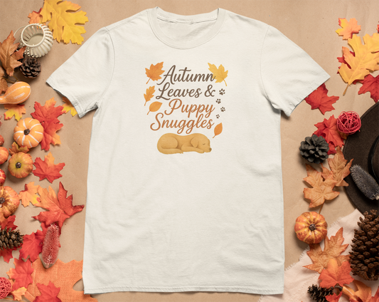 Autumn Leaves & Puppy Snuggles T-Shirt - Cozy Fall Tee, Dog Lover Gift, Unisex Casual Wear, Perfect for Thanksgiving & Fall Celebrations