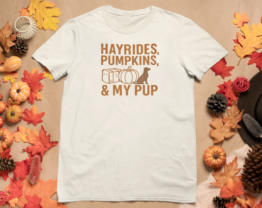 Autumn-Themed T-Shirt for Dog Lovers, Hayrides, Pumpkins & My Pup Graphic Tee, Cute Fall Apparel, Pet Lover Gift, Seasonal Fashion