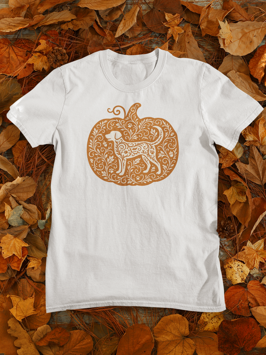 Autumn Pet Lovers T-shirt, Cozy Pumpkin Dog Tee for Halloween, Fall Fashion, Gift for Dog Owners, Casual Wear