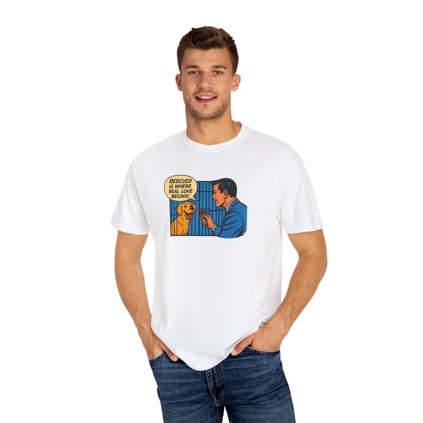 Rescued Is Where Real Love Begins Tee, Dog Lover T-Shirt, Vintage Style Animal Rights Shirt, Funny Pet Owner Gift, Animal Rescue Awareness Wear