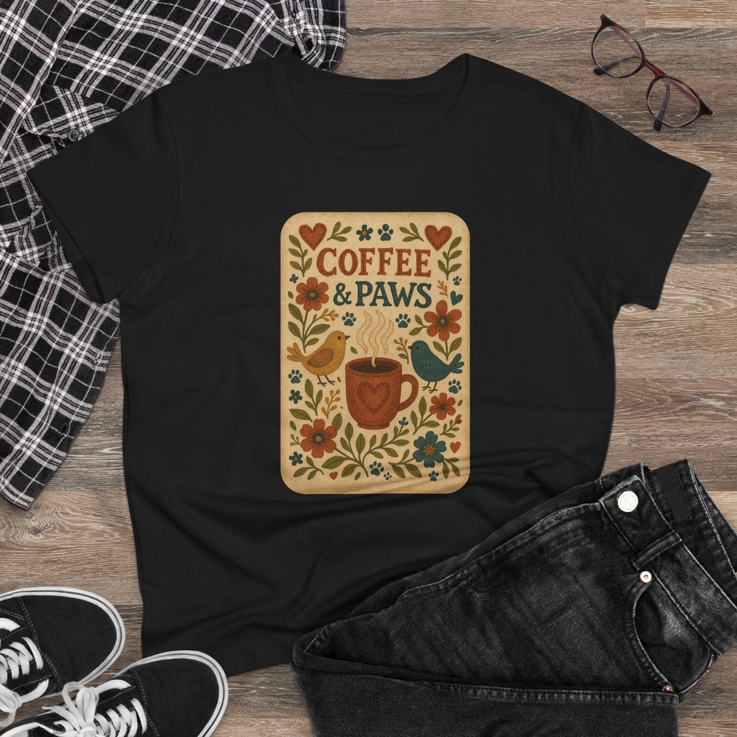 Coffee & Paws Women's Tee - Cozy Cotton Shirt for Pet Lovers, Casual Wear, Gift for Dog Owners, Dog Mom Merchandise, Animal Lover Tee