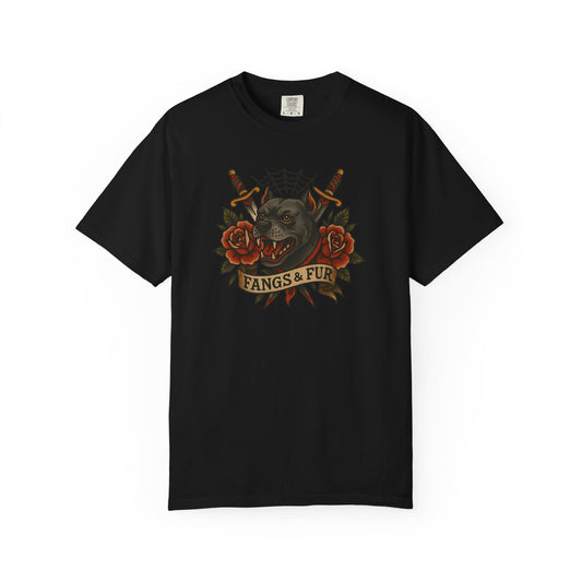 Fangs & Fur Unisex T-Shirt, Gothic Tee, Halloween Apparel, Alternative Fashion, Cat & Rose Design, Graphic T-Shirt