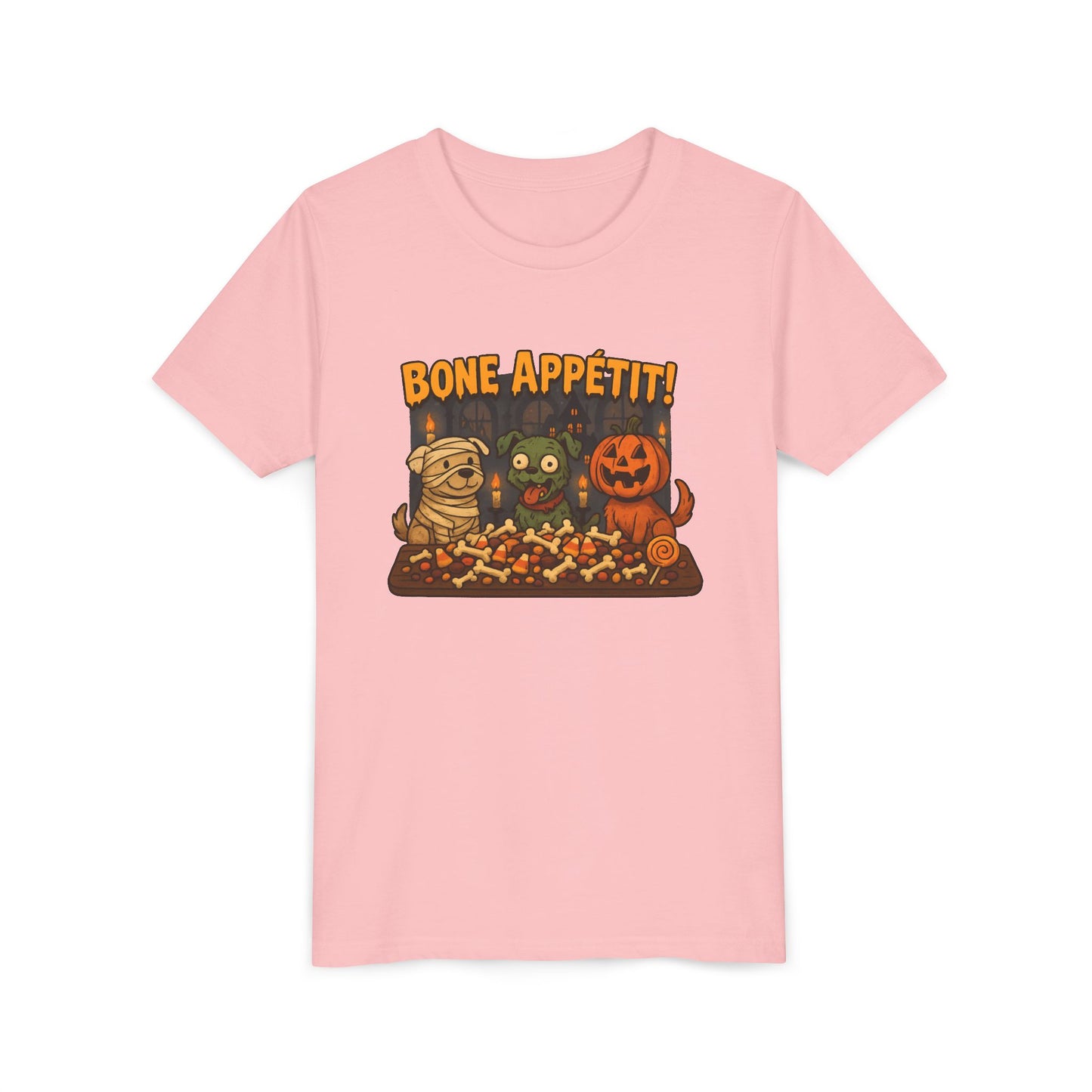 Halloween Kids Tee - Bone Appetit! Funny Short Sleeve Shirt for Trick or Treat, Spooky Season, Gift for Kids