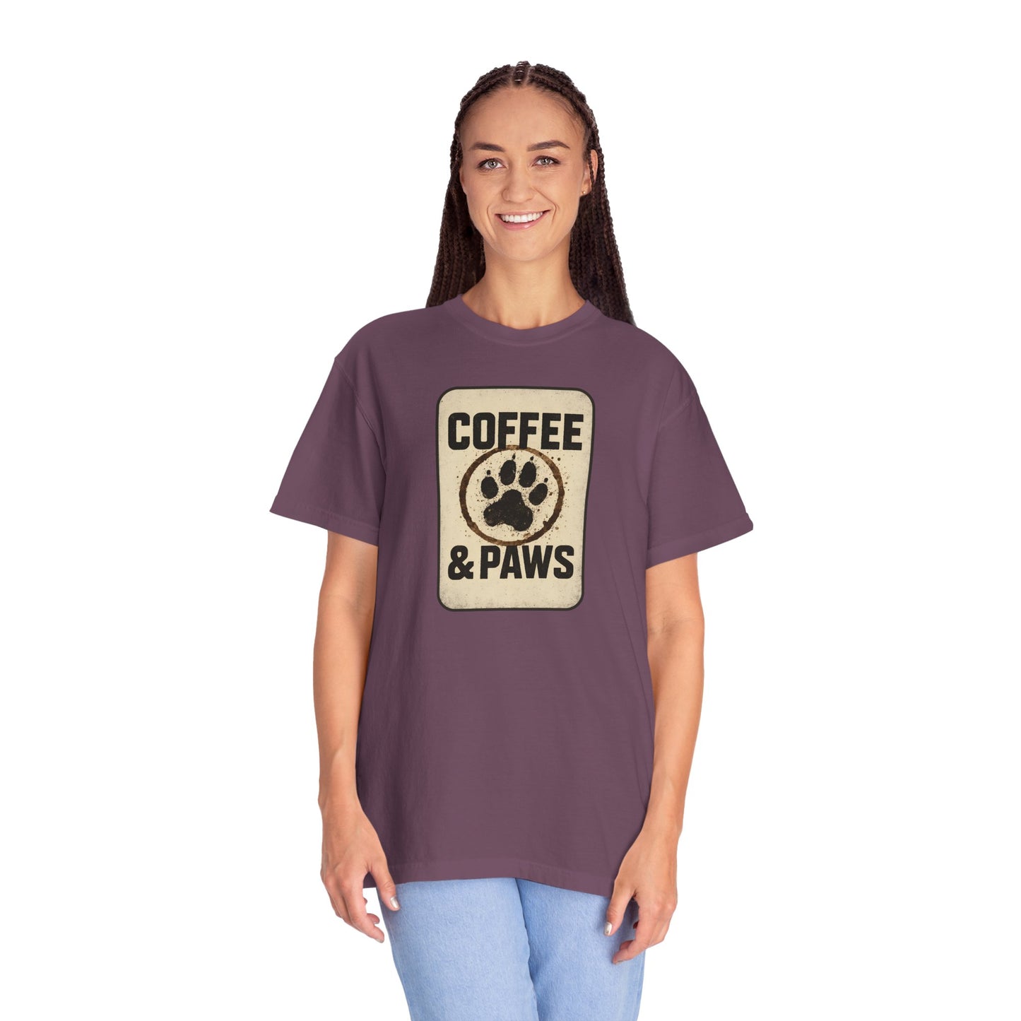 Coffee & Paws Unisex Garment-Dyed T-shirt, Dog Lover Tee, Pet Owner Gift, Coffee Lover Shirt, Animal Enthusiast Apparel, Casual Wear