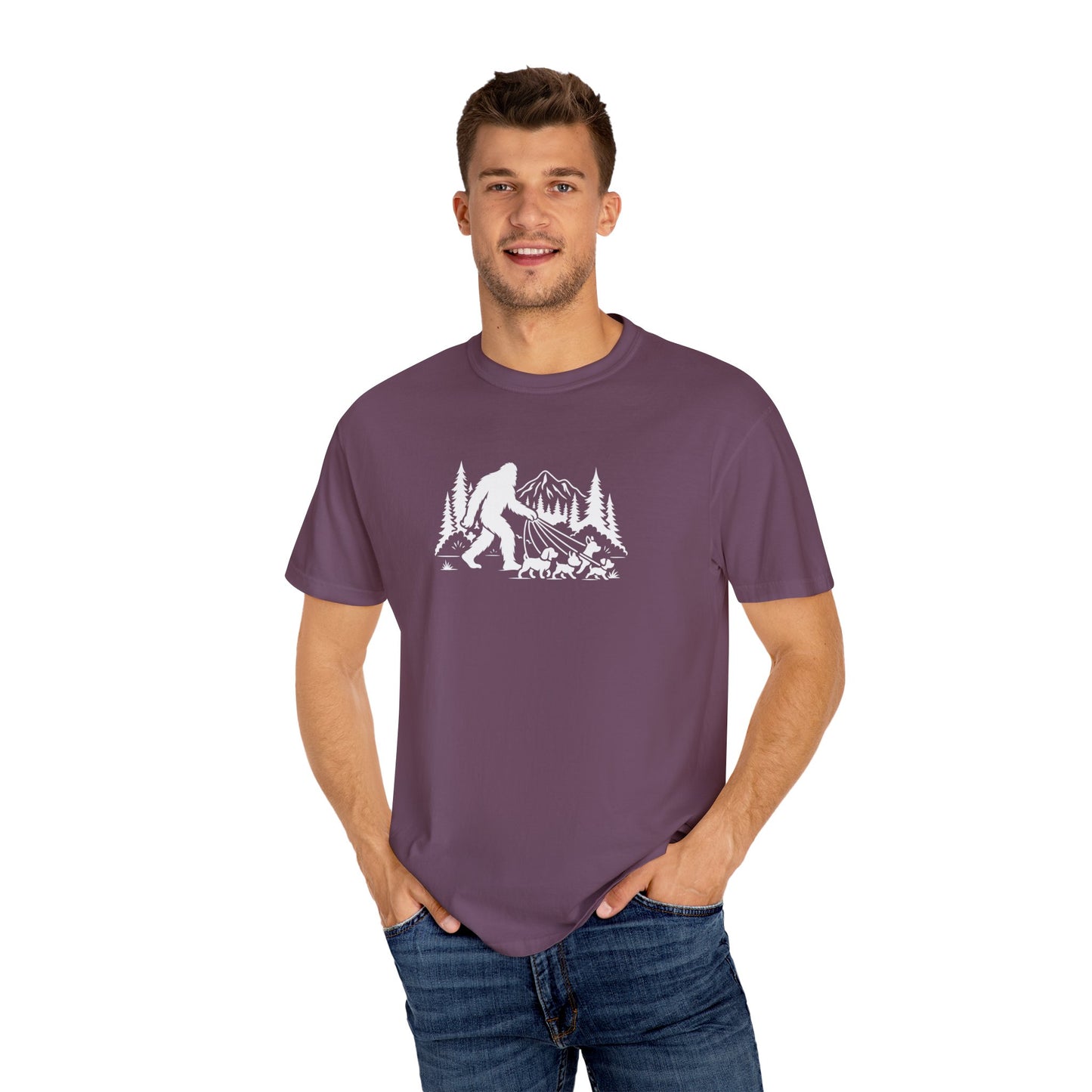 Bigfoot dog walk T-Shirt with Outdoor Adventure Design