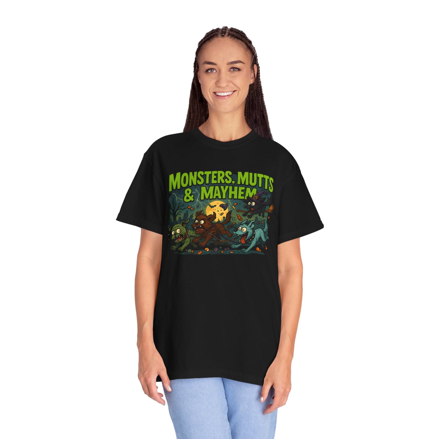 Monsters, Mutts & Mayhem Garment-Dyed T-Shirt, Vintage Style Tee, Animal Lovers Gift, Fun Graphic Shirt, Halloween Costume, Casual Wear