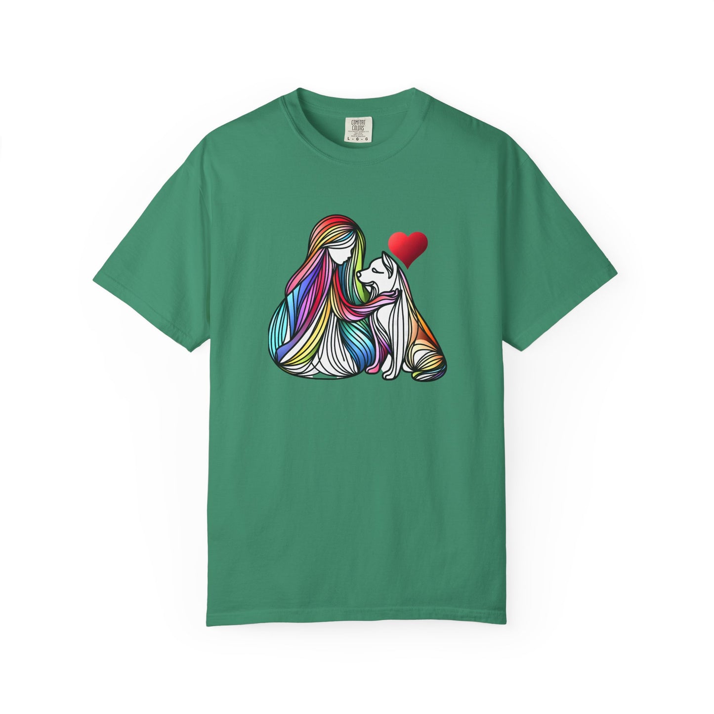 Colorful Dog Love Unisex T-Shirt - Garment-Dyed Cat & Woman Design