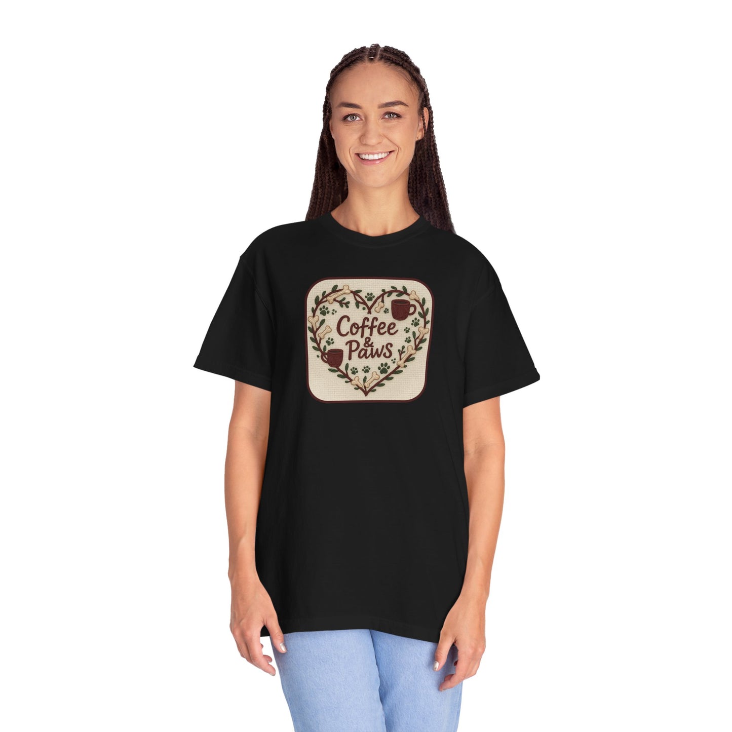 Coffee Paws Unisex Garment-Dyed T-shirt, Cute Coffee Lover Tee, Gift for Dog Owners, Nature-Inspired Shirt, Cozy Casual Wear