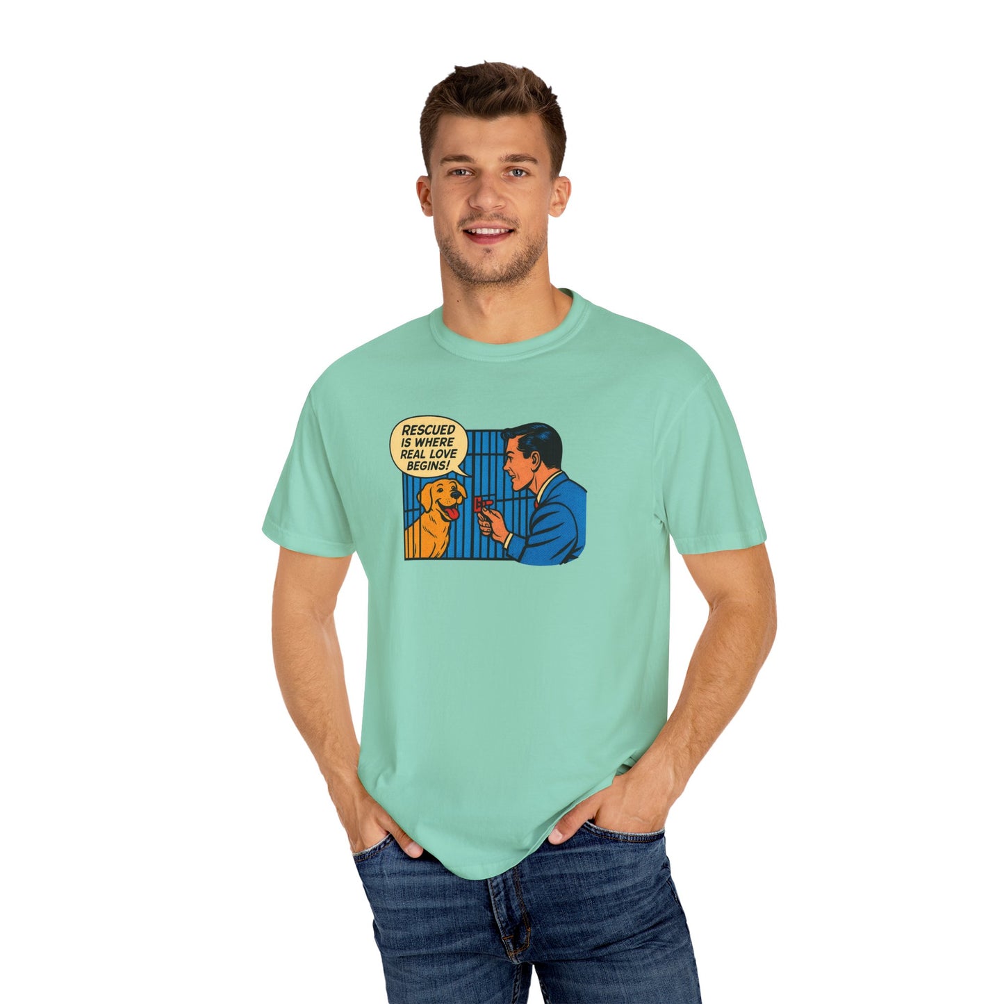 Rescued Is Where Real Love Begins Tee, Dog Lover T-Shirt, Vintage Style Animal Rights Shirt, Funny Pet Owner Gift, Animal Rescue Awareness Wear