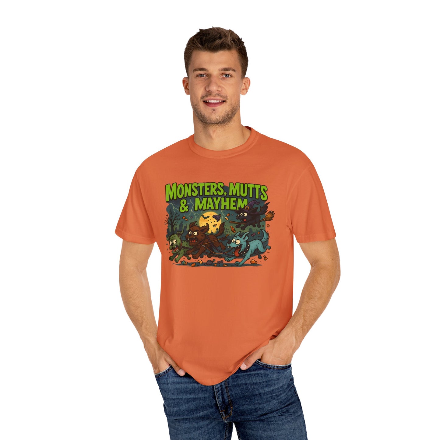Monsters, Mutts & Mayhem Garment-Dyed T-Shirt, Vintage Style Tee, Animal Lovers Gift, Fun Graphic Shirt, Halloween Costume, Casual Wear