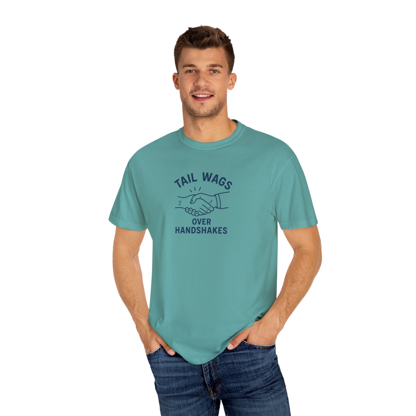 Tail wags over hand shakes Dog Dad T-Shirt