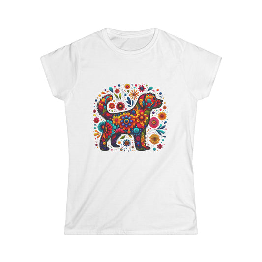 Women's Tee Colorful Dog and Flowers Artistic Design