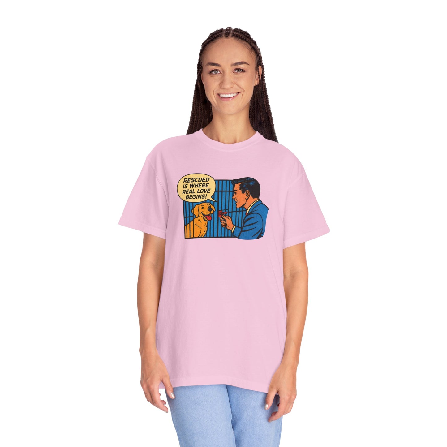 Rescued Is Where Real Love Begins Tee, Dog Lover T-Shirt, Vintage Style Animal Rights Shirt, Funny Pet Owner Gift, Animal Rescue Awareness Wear