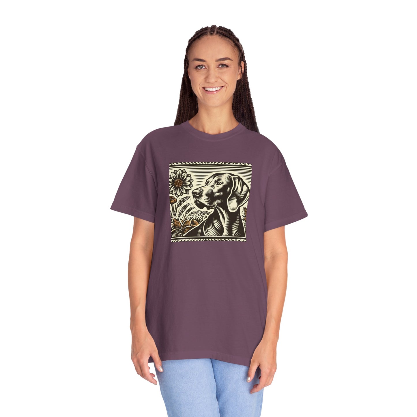 Weimaraner Dog Lover's Unisex Garment-Dyed T-Shirt with Floral Design