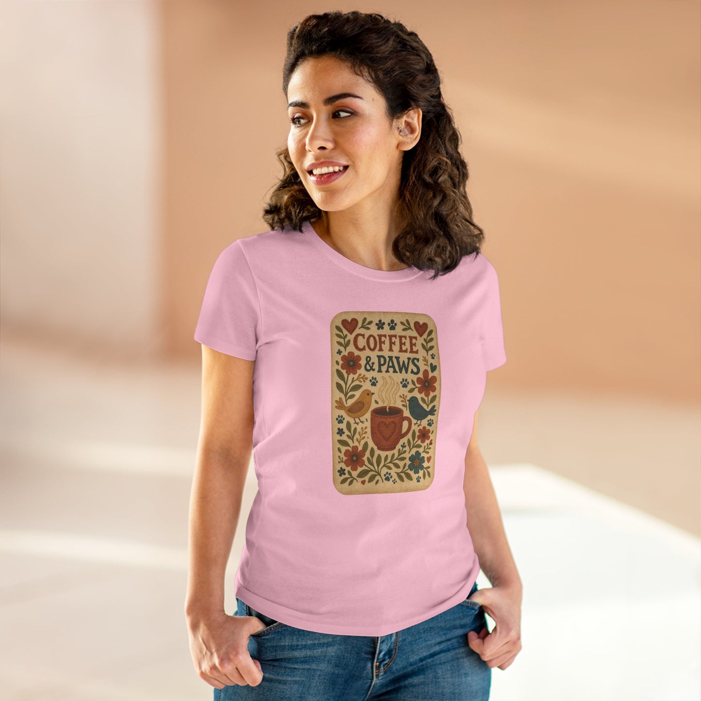 Coffee & Paws Women's Tee - Cozy Cotton Shirt for Pet Lovers, Casual Wear, Gift for Dog Owners, Dog Mom Merchandise, Animal Lover Tee