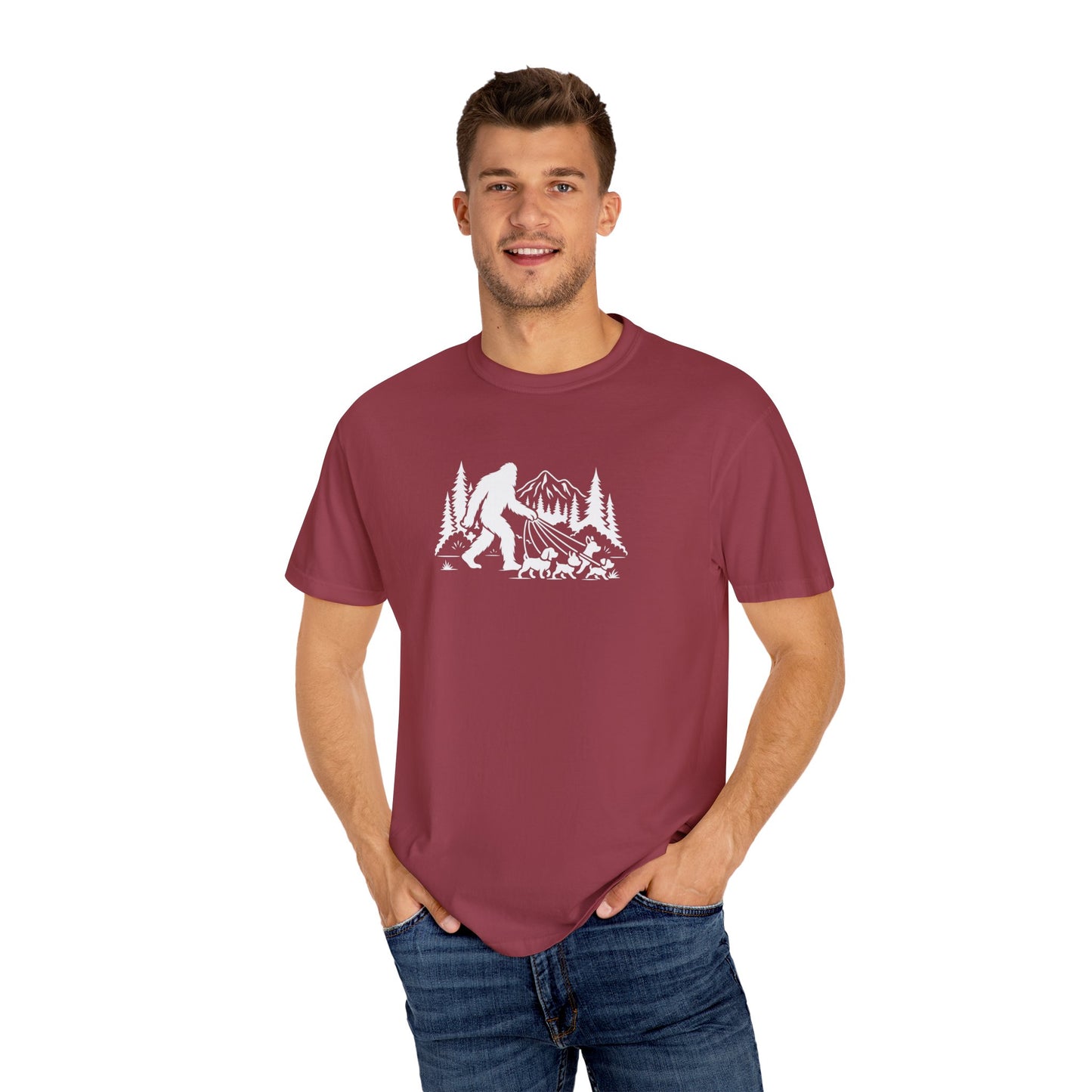 Bigfoot dog walk T-Shirt with Outdoor Adventure Design