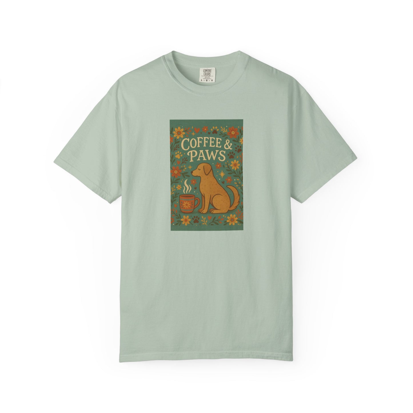 Coffee & Paws Unisex Garment-Dyed T-Shirt - Cute Dog Lovers Gift, Pet Owners Tee, Floral Design, Coffee Enthusiast Top, Casual Wear