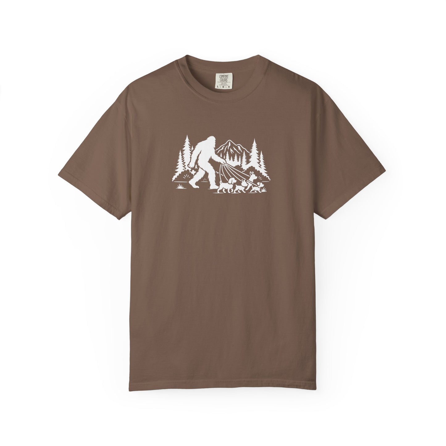 Bigfoot dog walk T-Shirt with Outdoor Adventure Design