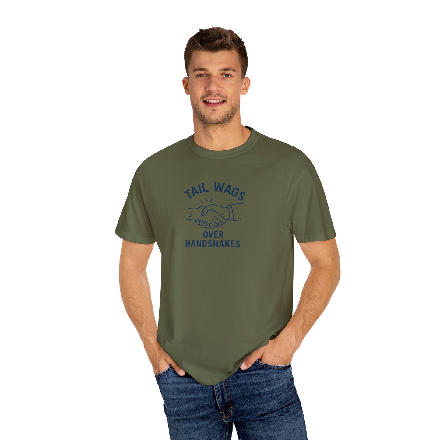 Tail wags over hand shakes Dog Dad T-Shirt