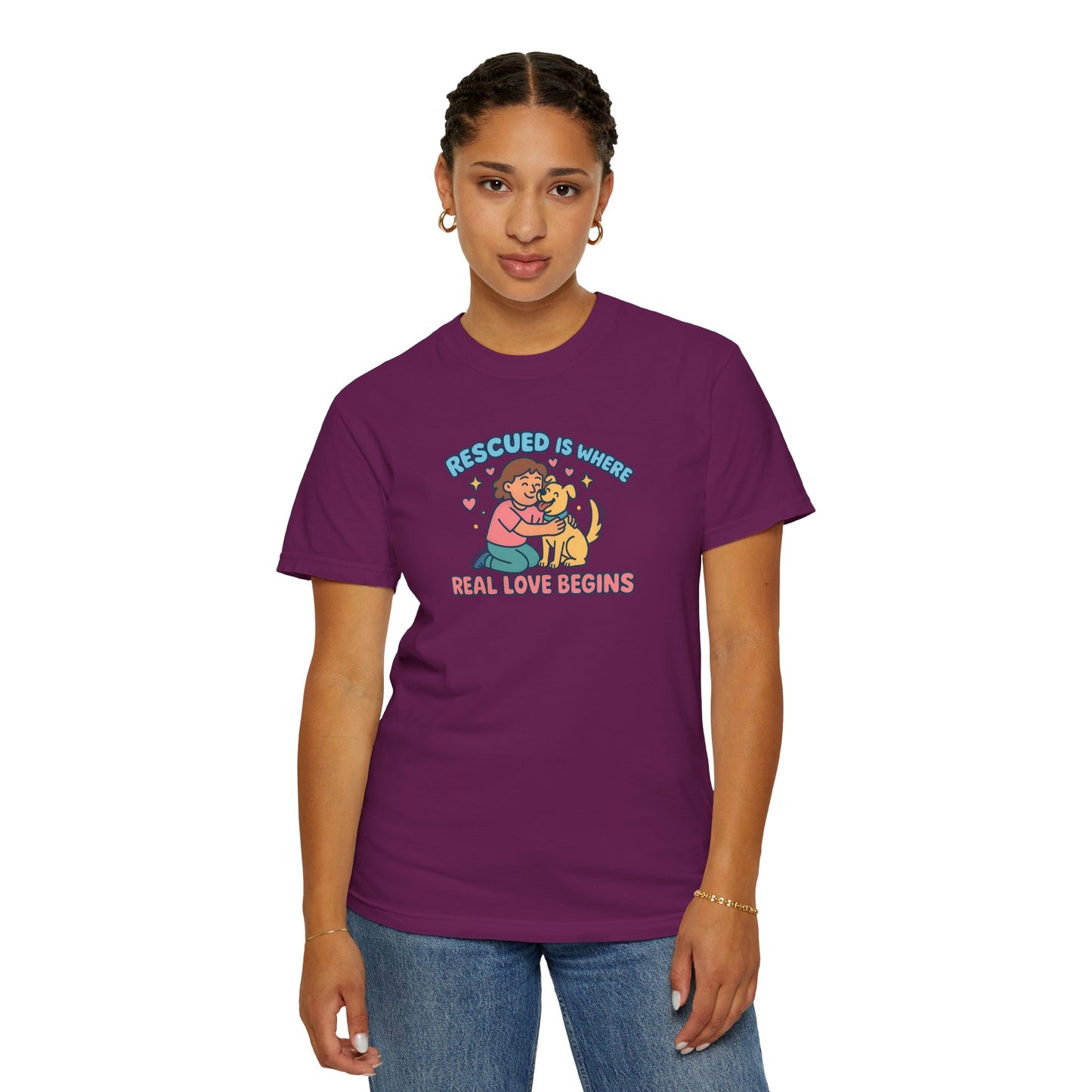 Rescued Is Where Real Love Begins Unisex T-Shirt - For Animal Lovers, Gift for Dog Owners, Adoption Awareness Tee, Casual Wear, Eco-Friendly Fashion