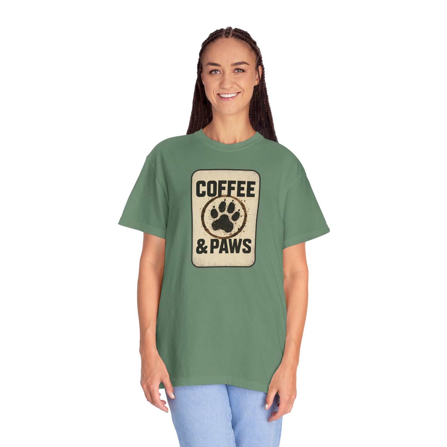 Coffee & Paws Unisex Garment-Dyed T-shirt, Dog Lover Tee, Pet Owner Gift, Coffee Lover Shirt, Animal Enthusiast Apparel, Casual Wear