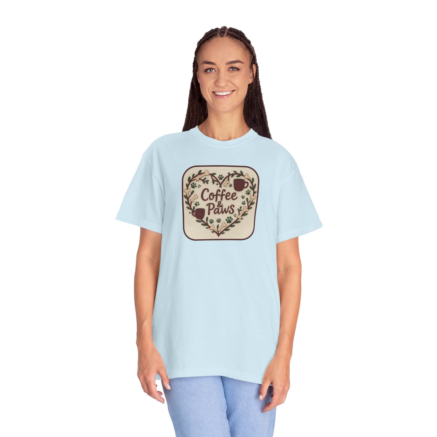 Coffee Paws Unisex Garment-Dyed T-shirt, Cute Coffee Lover Tee, Gift for Dog Owners, Nature-Inspired Shirt, Cozy Casual Wear