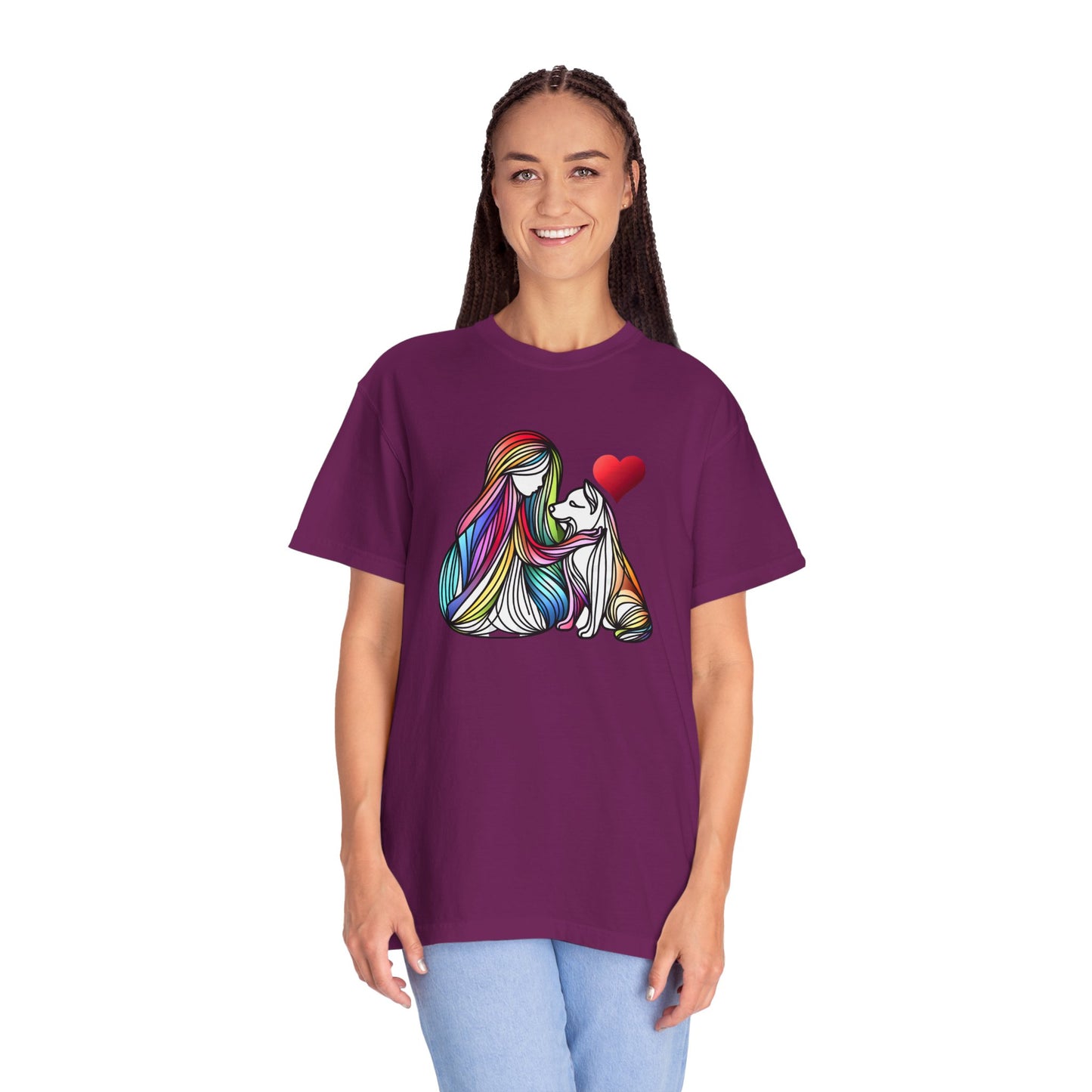 Colorful Dog Love Unisex T-Shirt - Garment-Dyed Cat & Woman Design
