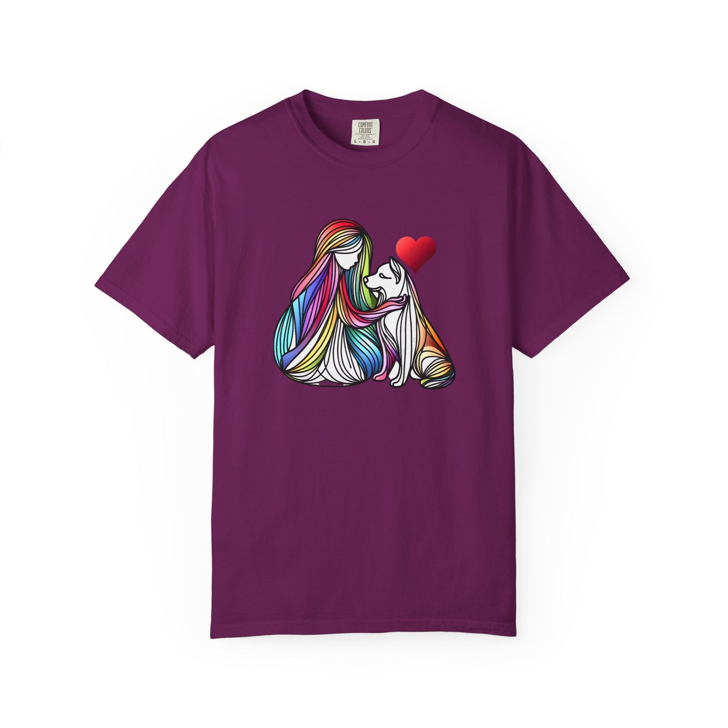 Colorful Dog Love Unisex T-Shirt - Garment-Dyed Cat & Woman Design