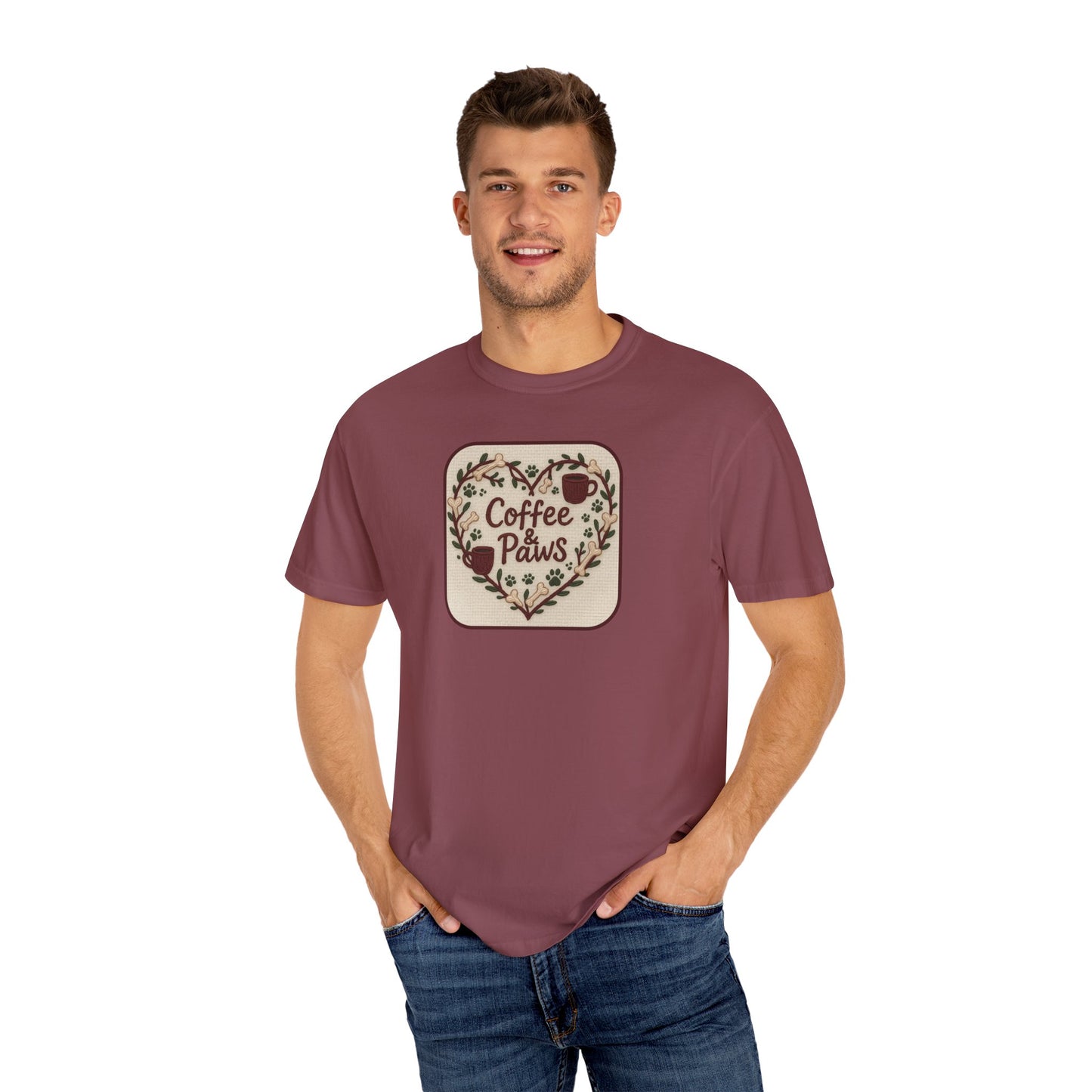 Coffee Paws Unisex Garment-Dyed T-shirt, Cute Coffee Lover Tee, Gift for Dog Owners, Nature-Inspired Shirt, Cozy Casual Wear
