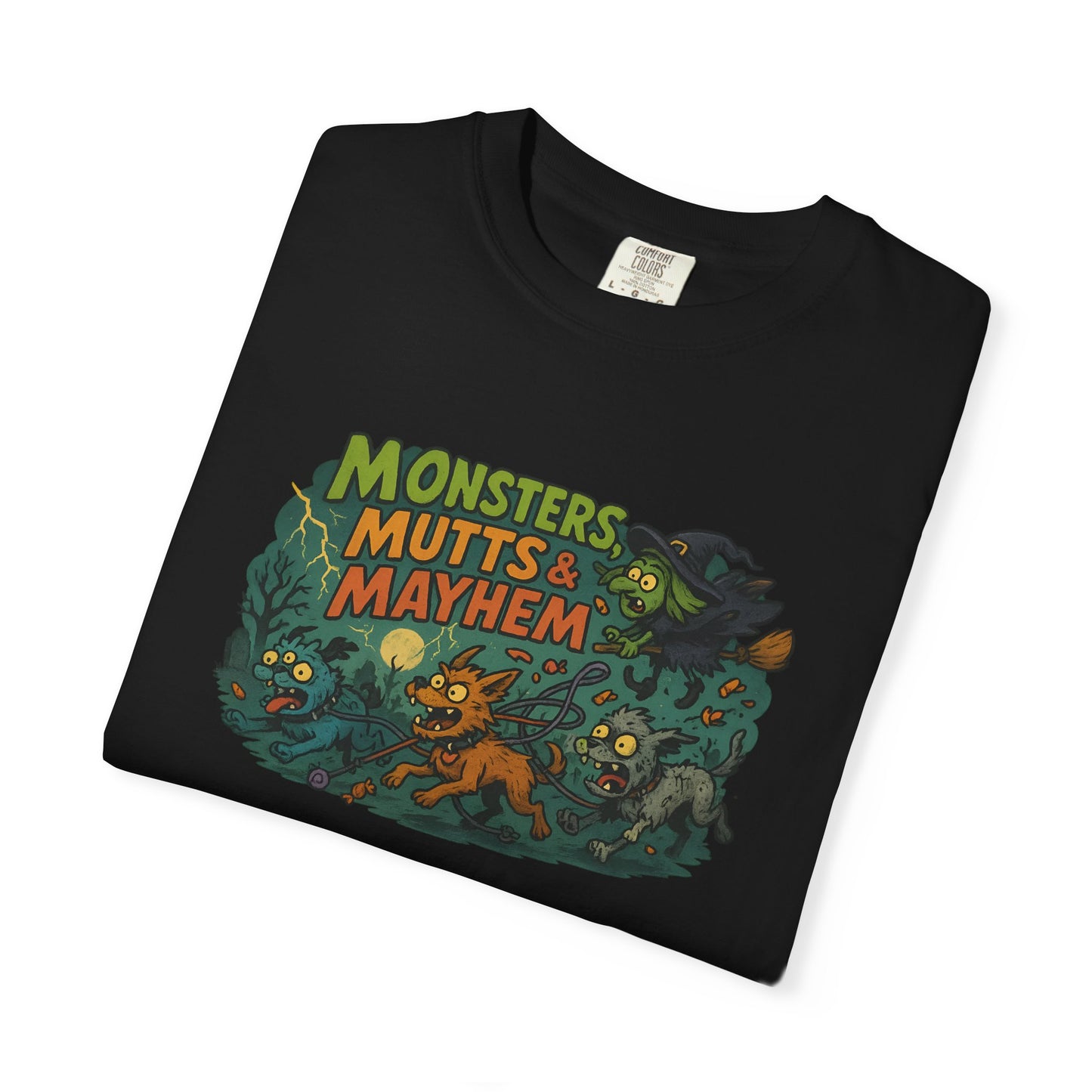 Monsters, Mutts & Mayhem T-Shirt | Unisex Cartoon Tee for Pet Lovers | Fun Graphic Top | Gift for Dog Owners | Halloween or Everyday Wear
