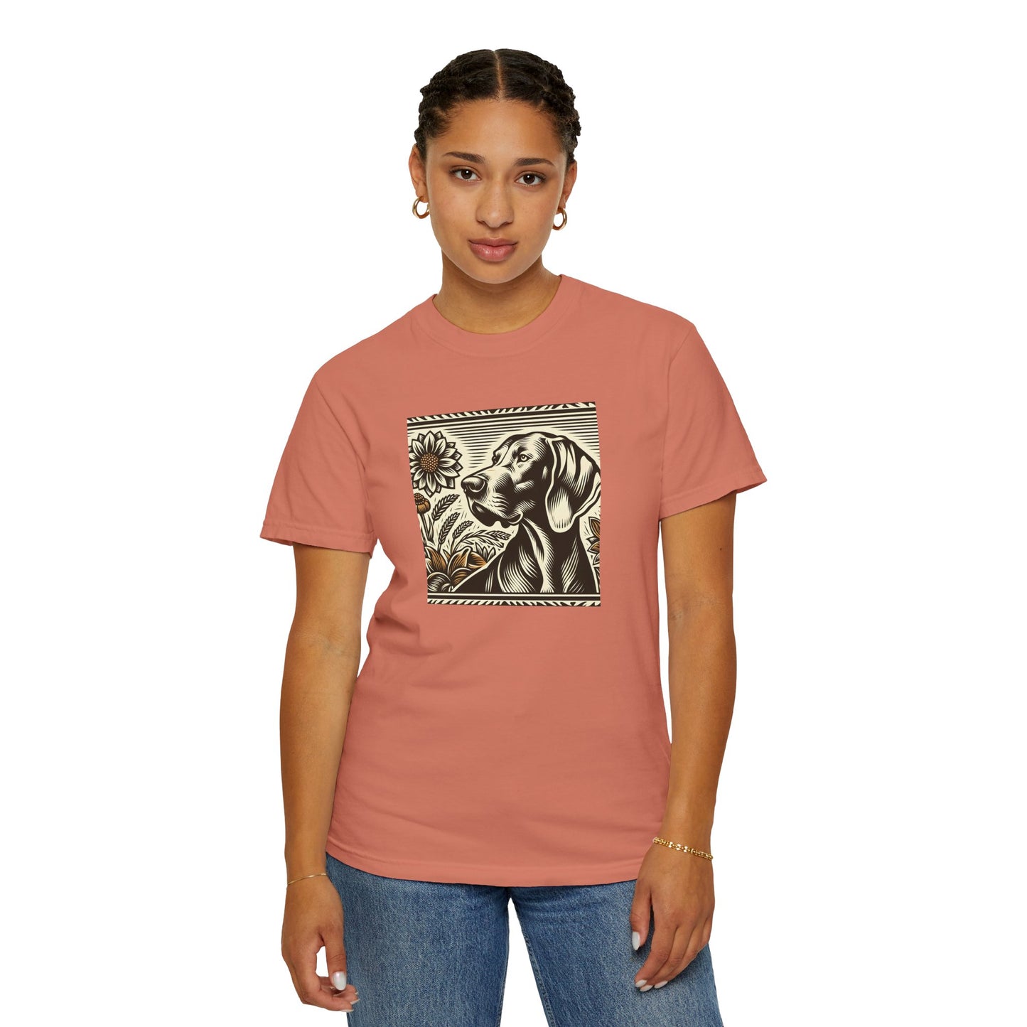 Weimaraner Dog Lover's Unisex Garment-Dyed T-Shirt with Floral Design