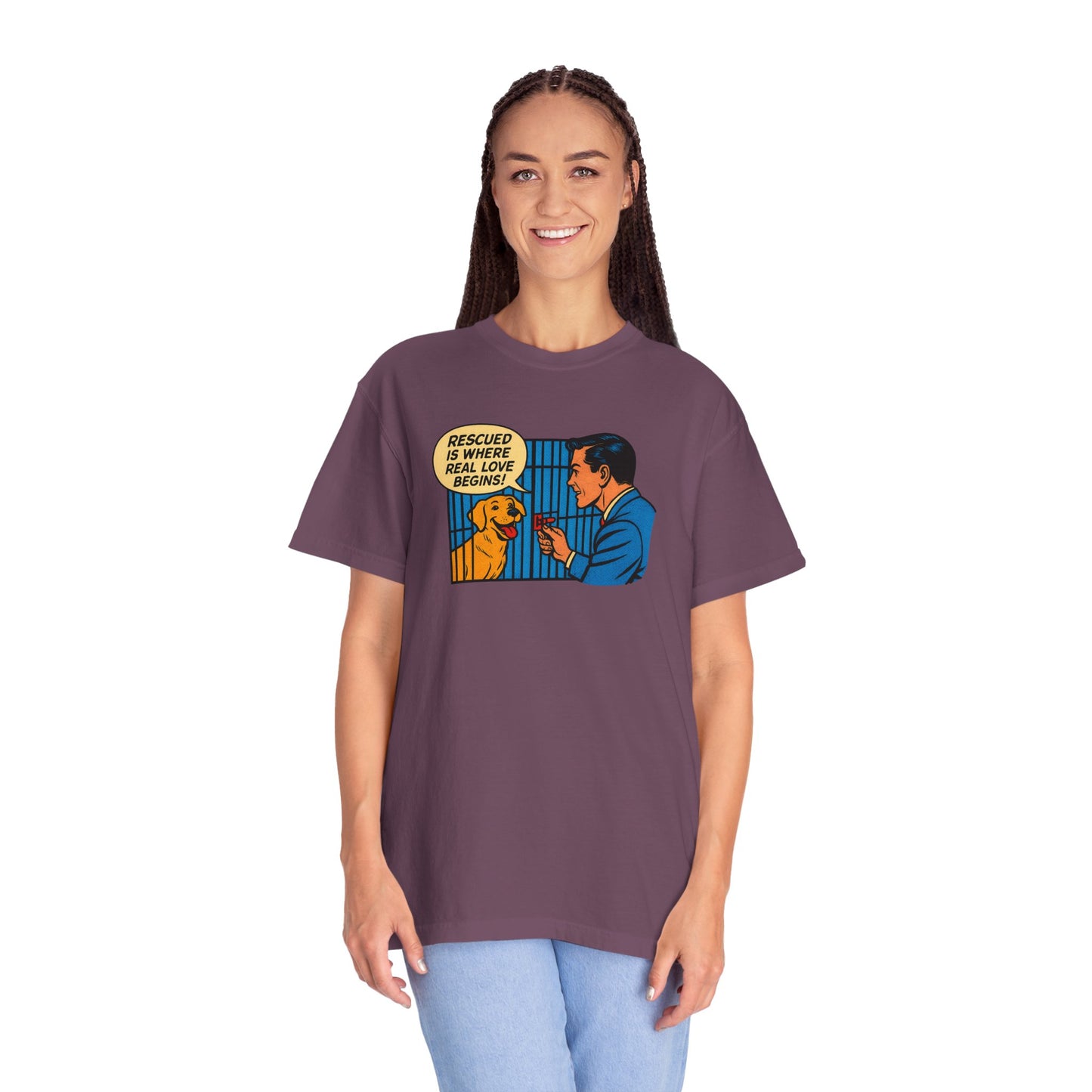Rescued Is Where Real Love Begins Tee, Dog Lover T-Shirt, Vintage Style Animal Rights Shirt, Funny Pet Owner Gift, Animal Rescue Awareness Wear