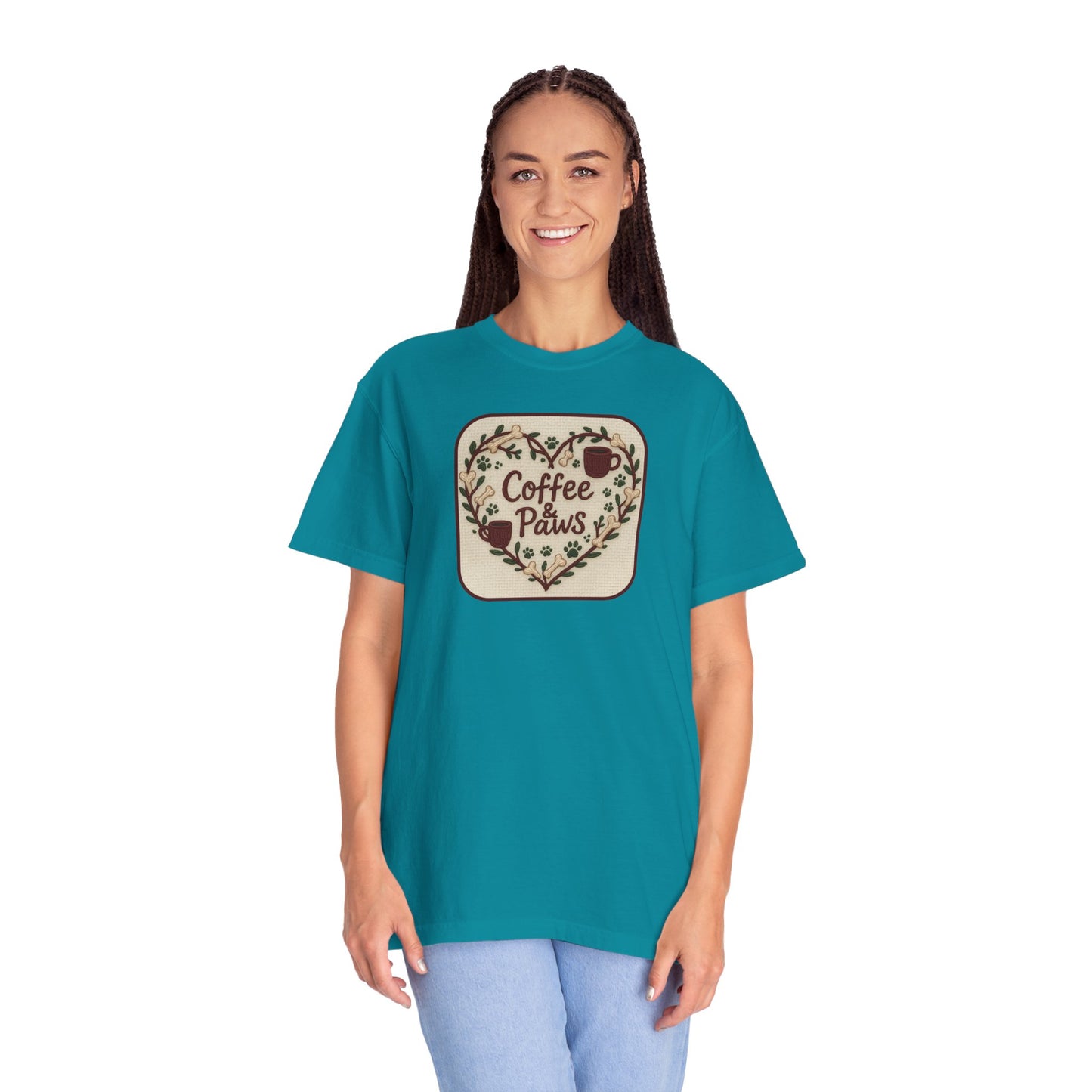 Coffee Paws Unisex Garment-Dyed T-shirt, Cute Coffee Lover Tee, Gift for Dog Owners, Nature-Inspired Shirt, Cozy Casual Wear