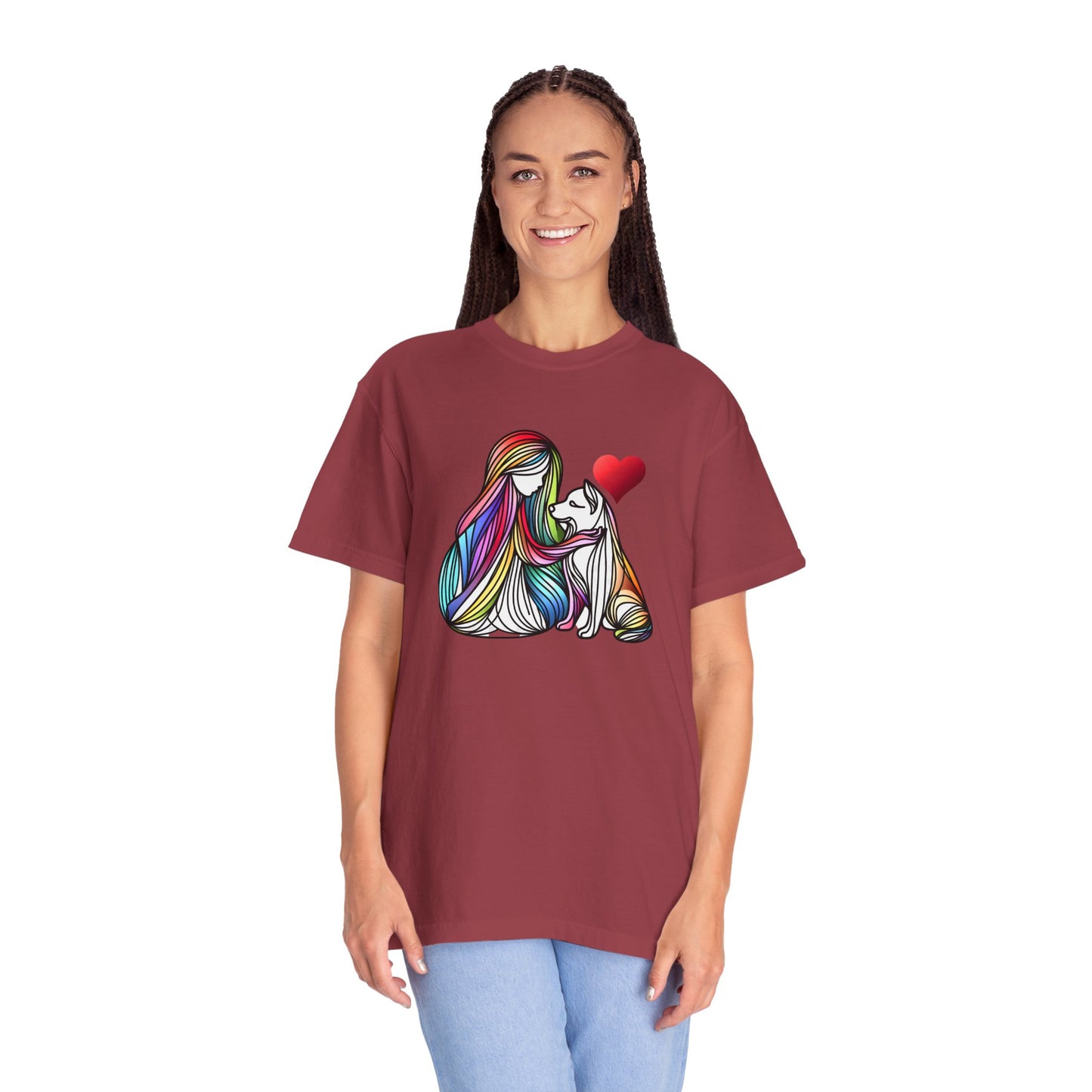 Colorful Dog Love Unisex T-Shirt - Garment-Dyed Cat & Woman Design