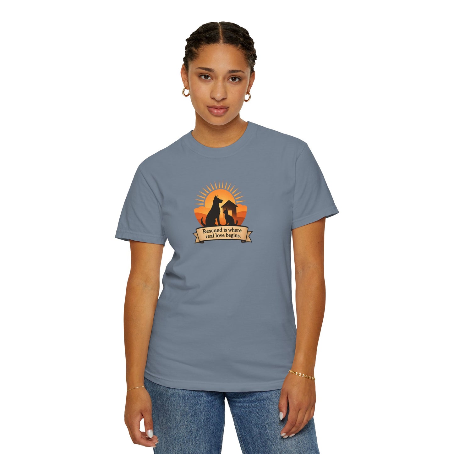 Rescued Is Where Real Love Begins Unisex Garment-Dyed T-Shirt - Perfect for Outdoor Lovers, Hiking, Gifts, Nature Enthusiasts, Casual Wear
