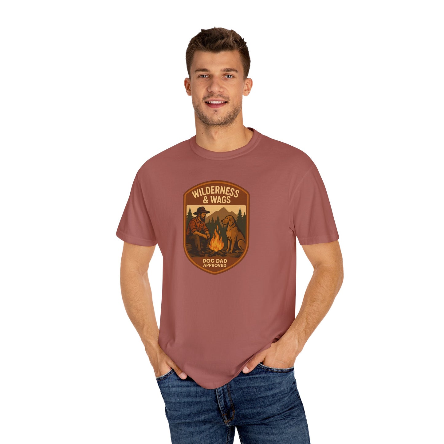 Wilderness & Wags Dog Dad Unisex T-Shirt, Dog Lover Gift, Camping Tee, Father’s Day Apparel, Nature-Inspired Shirt