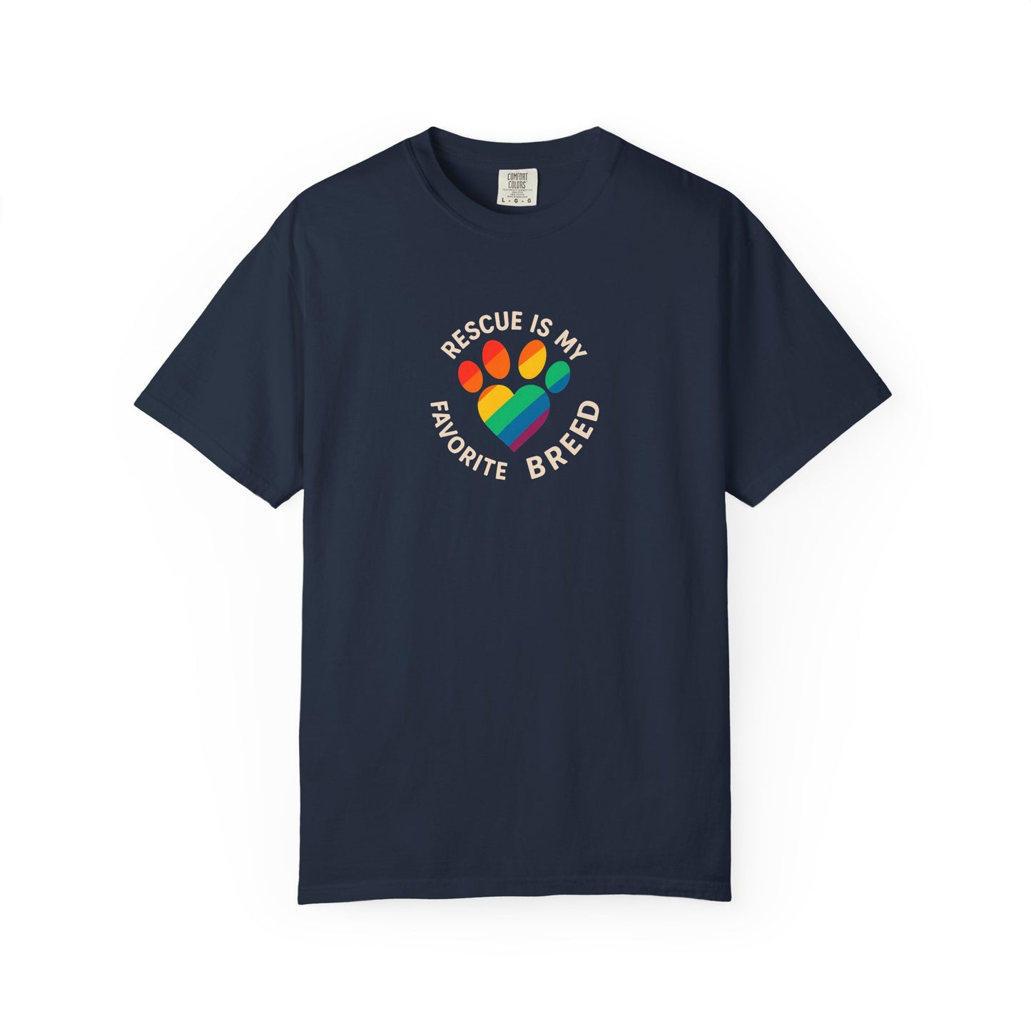 Rescue Is My Favorite Breed T-Shirt, Unisex Rainbow Dog Lover Tee, Pet Adoption Shirt, LGBTQ+ Apparel, Gift for Animal Lovers