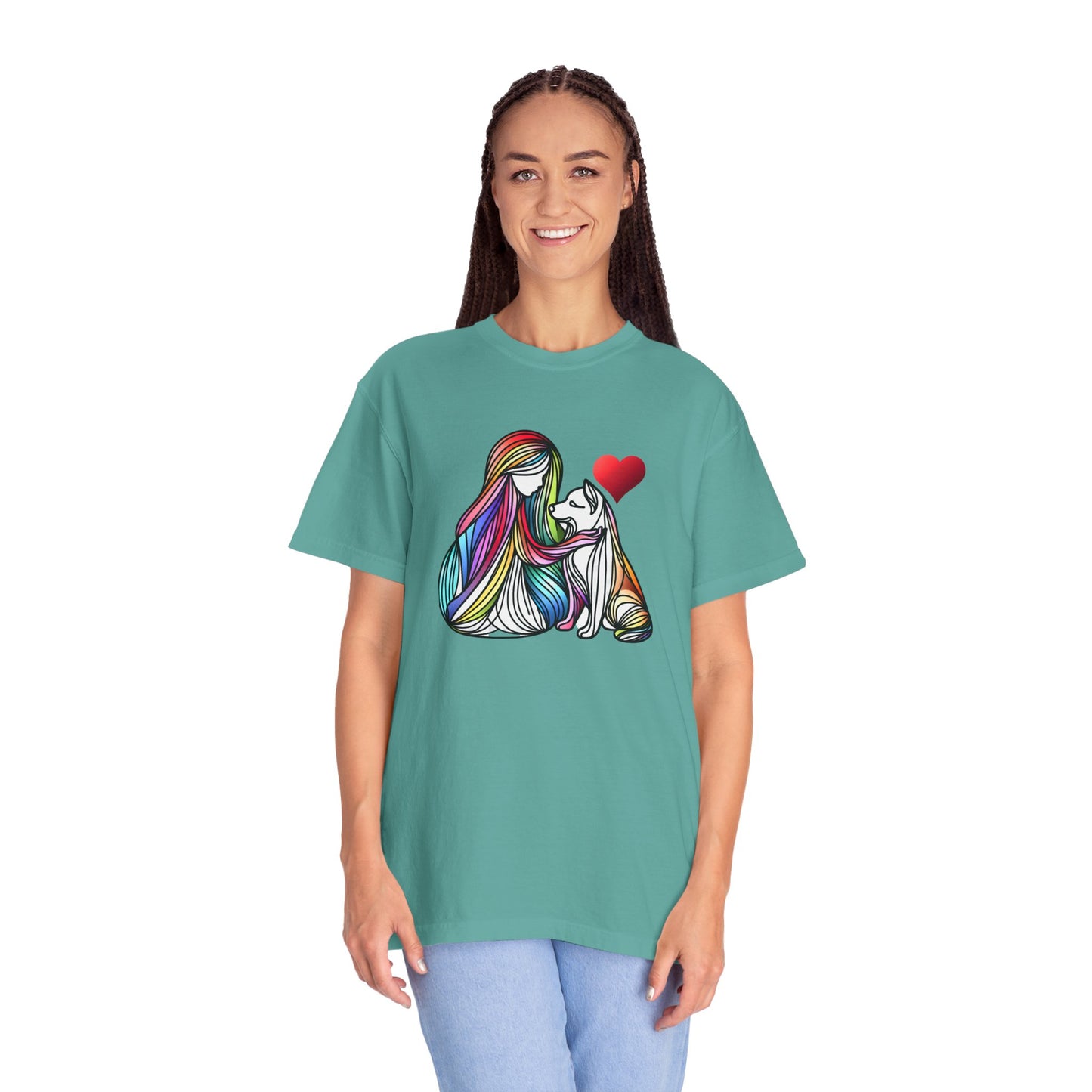 Colorful Dog Love Unisex T-Shirt - Garment-Dyed Cat & Woman Design