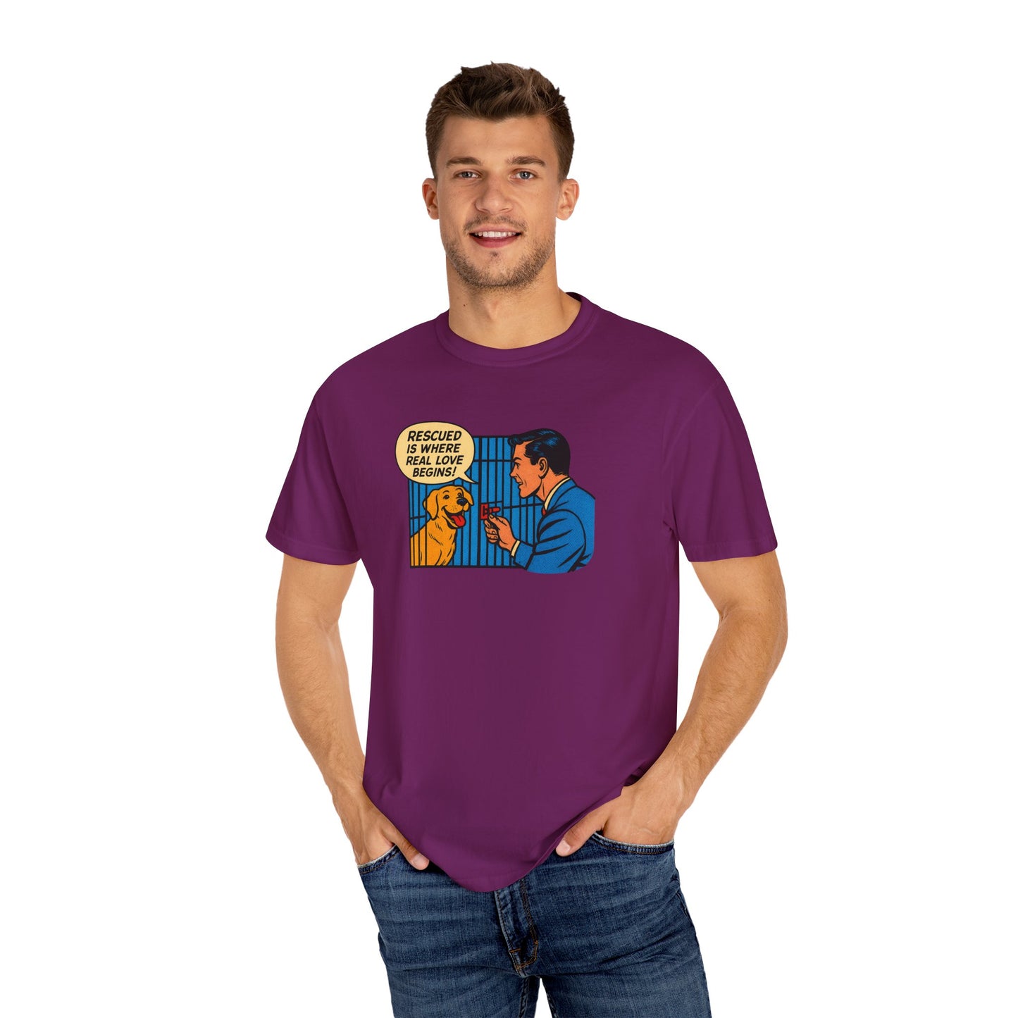 Rescued Is Where Real Love Begins Tee, Dog Lover T-Shirt, Vintage Style Animal Rights Shirt, Funny Pet Owner Gift, Animal Rescue Awareness Wear