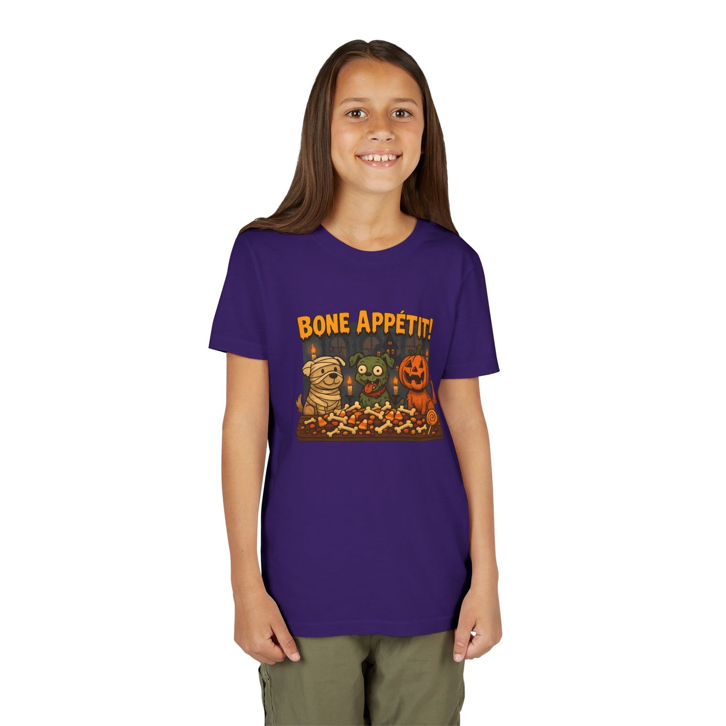 Halloween Kids Tee - Bone Appetit! Funny Short Sleeve Shirt for Trick or Treat, Spooky Season, Gift for Kids