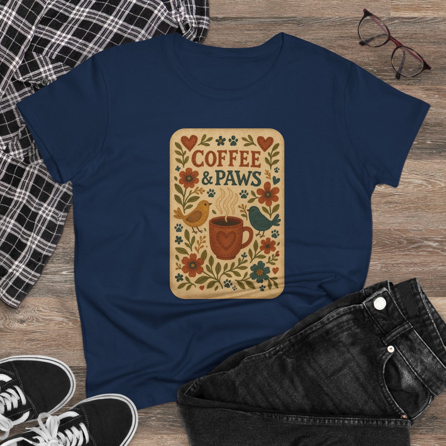 Coffee & Paws Women's Tee - Cozy Cotton Shirt for Pet Lovers, Casual Wear, Gift for Dog Owners, Dog Mom Merchandise, Animal Lover Tee