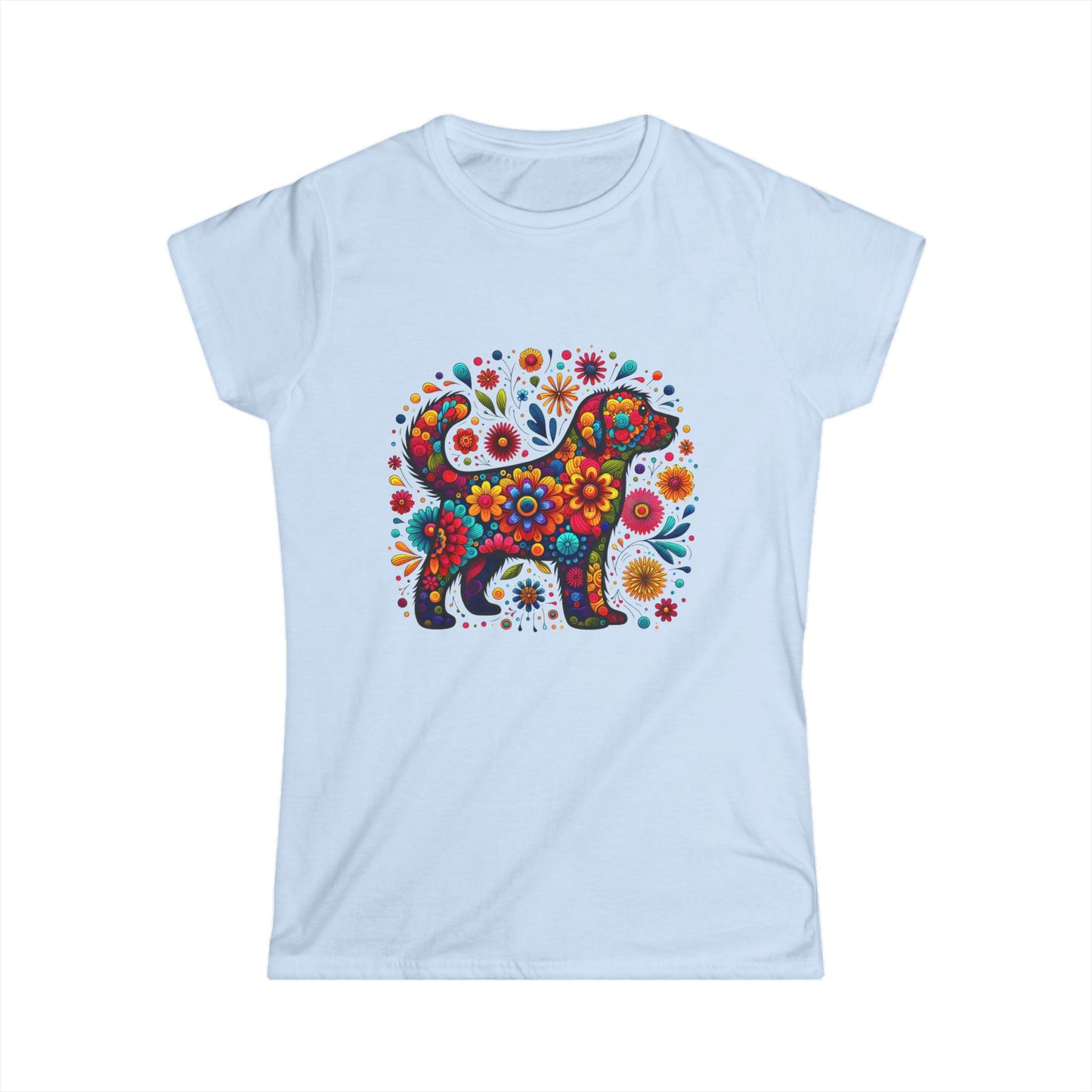 Women's Tee Colorful Dog and Flowers Artistic Design