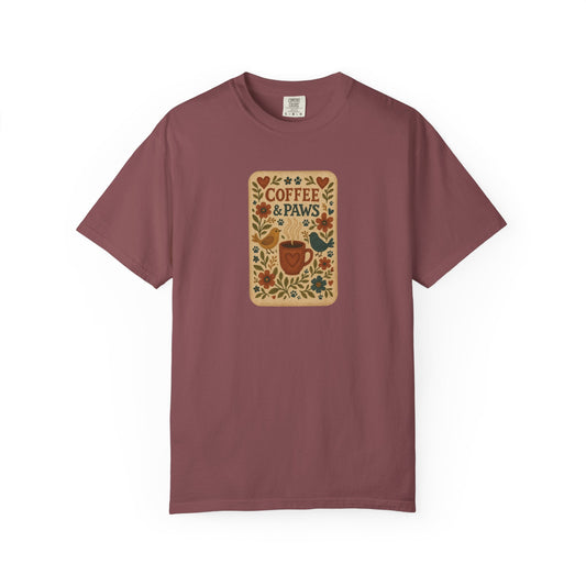 Coffee and Paws Unisex T-Shirt | Cute Pet Lover Tee, Gift for Dog Owners, Casual Wear, Animal Lover Apparel, Perfect for Coffee Lovers
