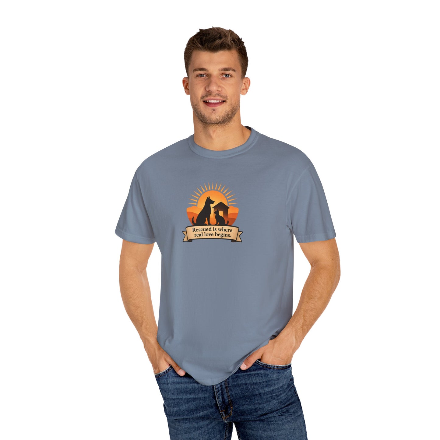 Rescued Is Where Real Love Begins Unisex Garment-Dyed T-Shirt - Perfect for Outdoor Lovers, Hiking, Gifts, Nature Enthusiasts, Casual Wear