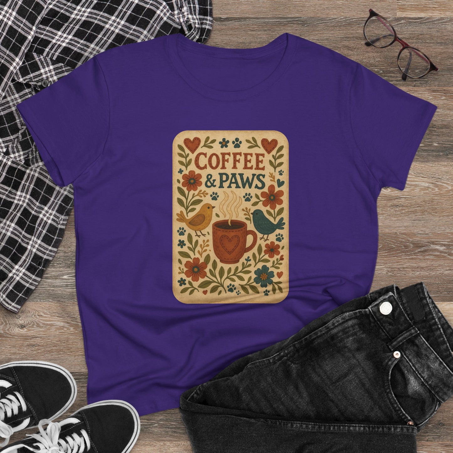 Coffee & Paws Women's Tee - Cozy Cotton Shirt for Pet Lovers, Casual Wear, Gift for Dog Owners, Dog Mom Merchandise, Animal Lover Tee
