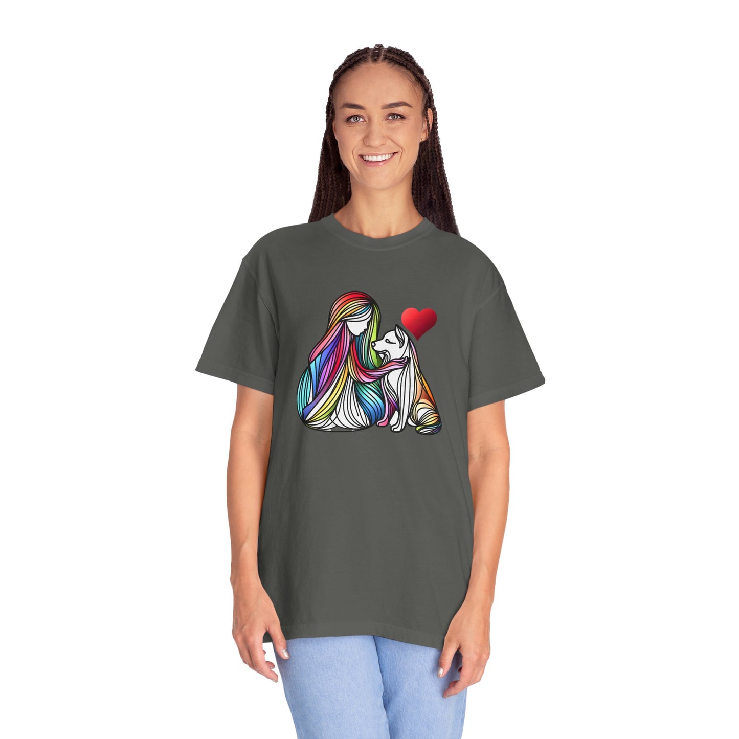 Colorful Dog Love Unisex T-Shirt - Garment-Dyed Cat & Woman Design