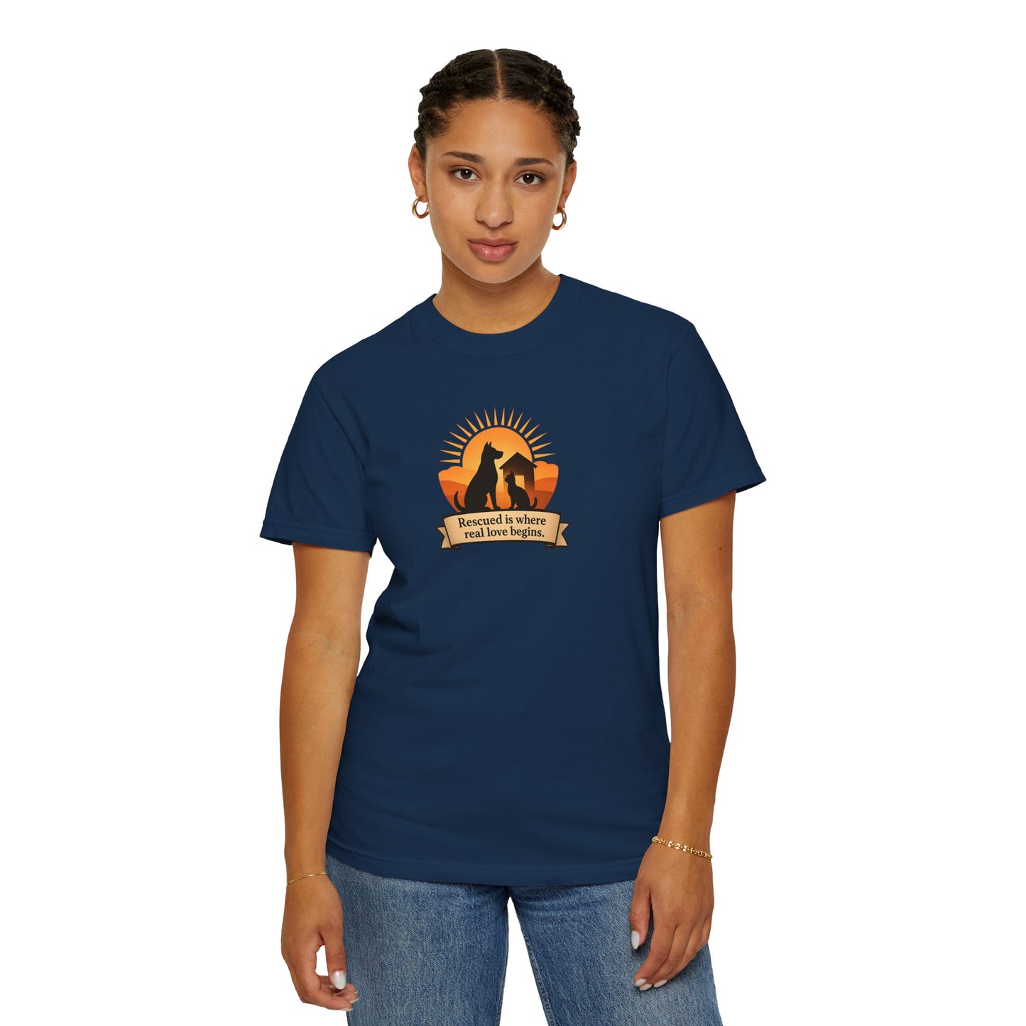 Rescued Is Where Real Love Begins Unisex Garment-Dyed T-Shirt - Perfect for Outdoor Lovers, Hiking, Gifts, Nature Enthusiasts, Casual Wear