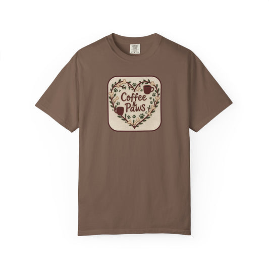 Coffee Paws Unisex Garment-Dyed T-shirt, Cute Coffee Lover Tee, Gift for Dog Owners, Nature-Inspired Shirt, Cozy Casual Wear