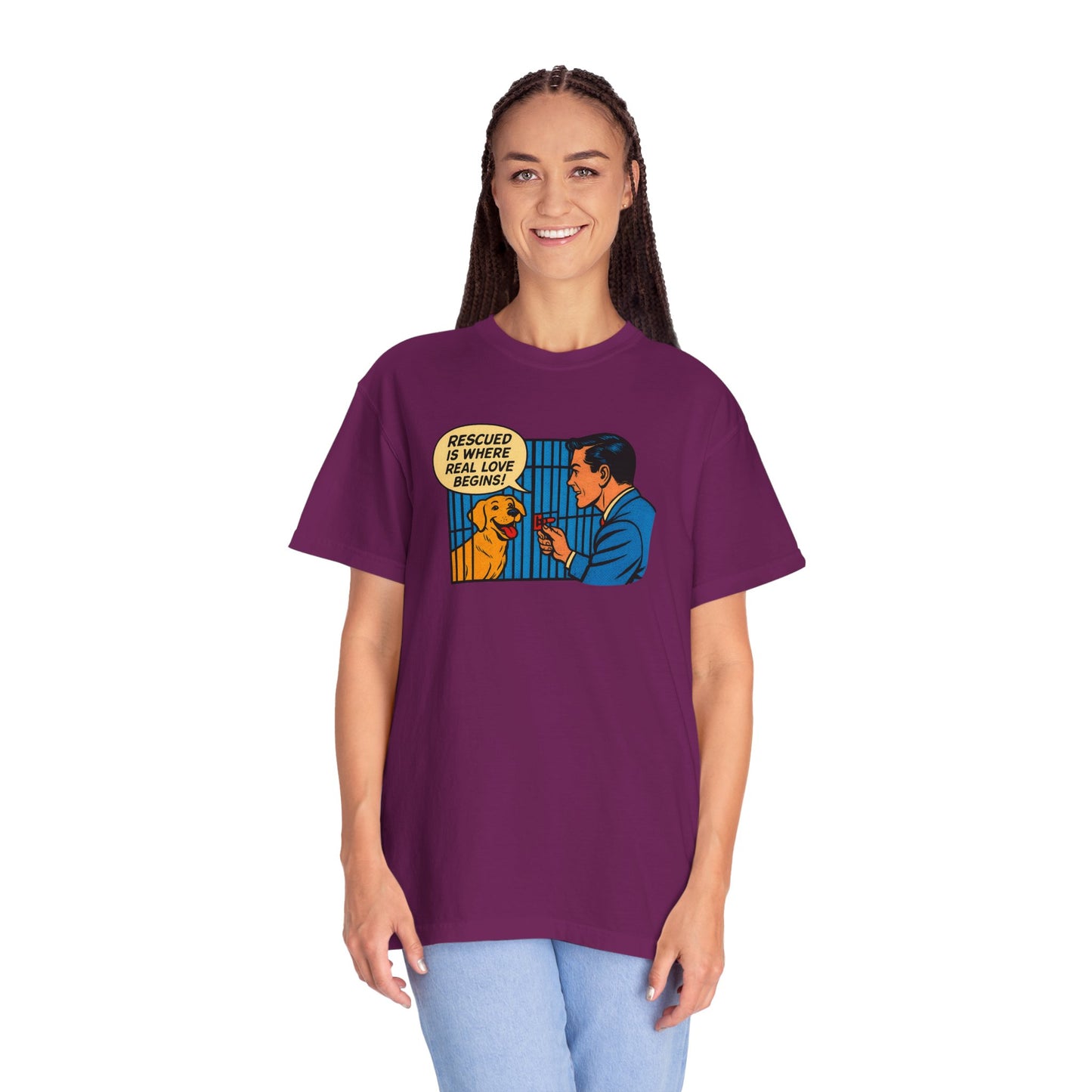 Rescued Is Where Real Love Begins Tee, Dog Lover T-Shirt, Vintage Style Animal Rights Shirt, Funny Pet Owner Gift, Animal Rescue Awareness Wear